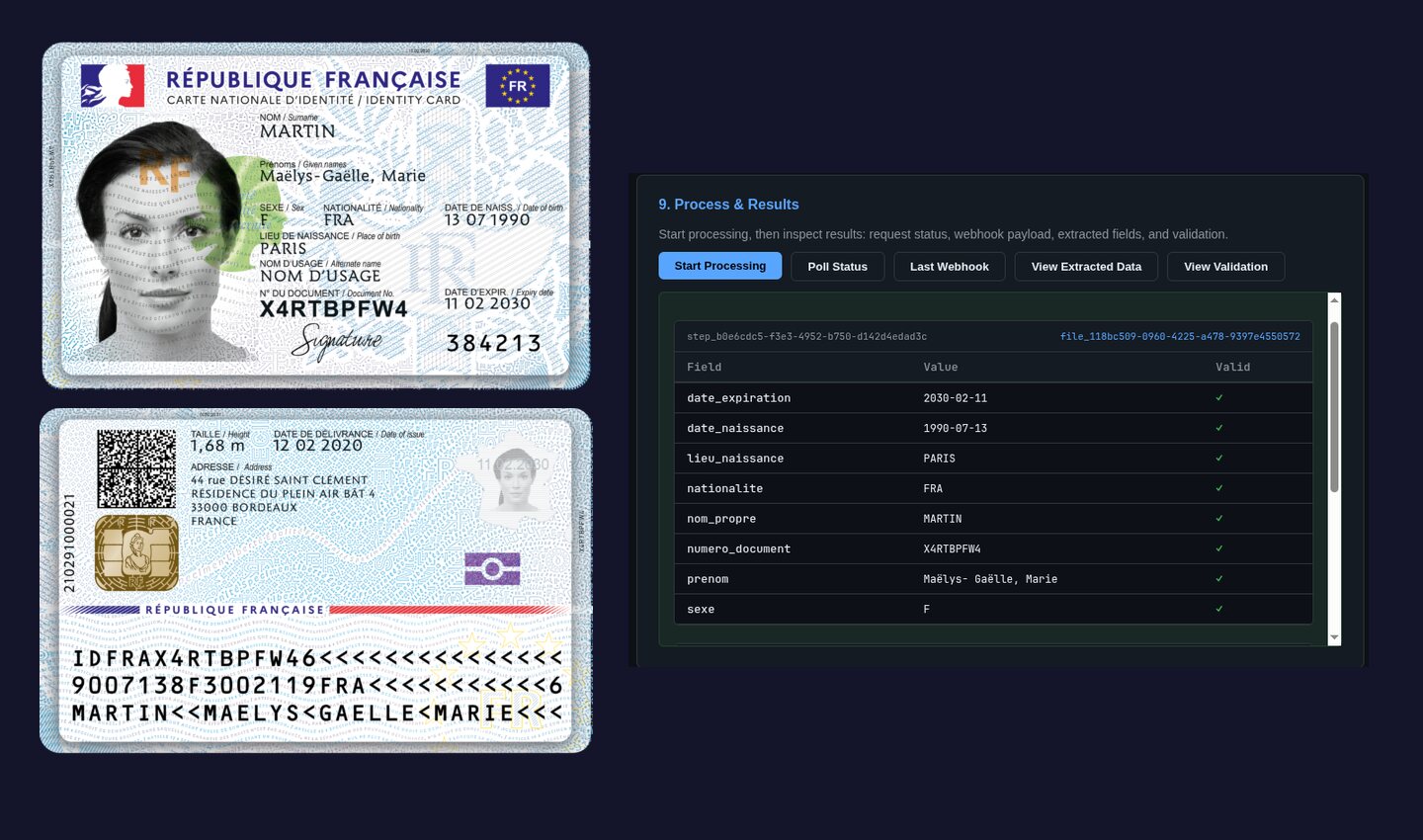 Carte nationale d'identité (recto et verso) et résultat d'extraction du moteur